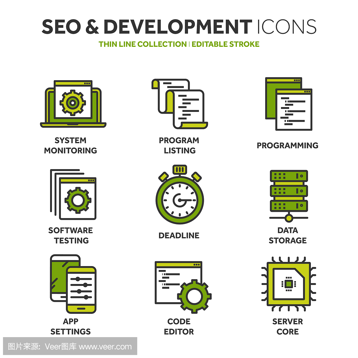 Seo和應(yīng)用程序開發(fā)。搜索引擎優(yōu)化。互聯(lián)網(wǎng)、電子商務(wù)。細線藍色網(wǎng)頁圖標(biāo)設(shè)置。輪廓圖標(biāo)集合。矢量圖