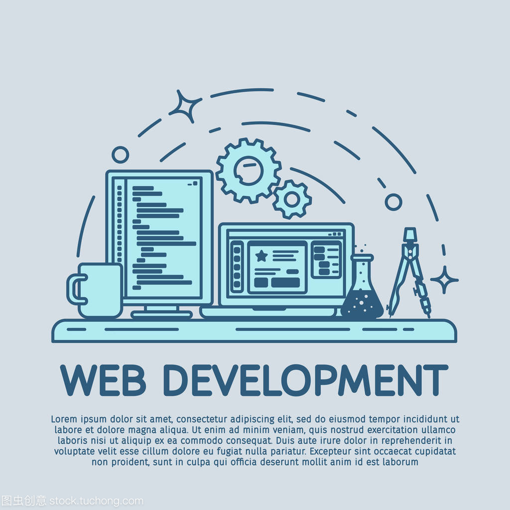 線藝術(shù)旗幟創(chuàng)意工作室的設(shè)計(jì)理念。網(wǎng)站開(kāi)發(fā),網(wǎng)頁(yè)設(shè)計(jì)。現(xiàn)代平面設(shè)計(jì)中的 Web 橫幅,網(wǎng)站元素。工作區(qū)設(shè)計(jì)師和程序員。矢量圖